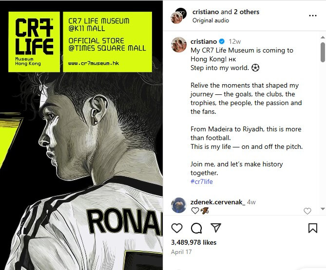 Cristiano Ronaldo sharing his excitement about the CR7 Life Museum on social media, inviting fans to relive key moments of his career.