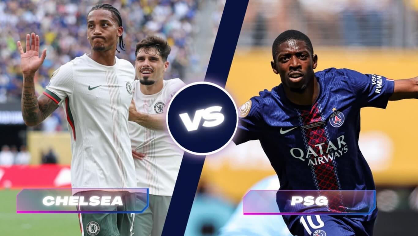 Chelsea and PSG players facing off in front of a packed MetLife Stadium Chelsea vs PSG 2025 FIFA Club World Cup Final MetLife Stadium